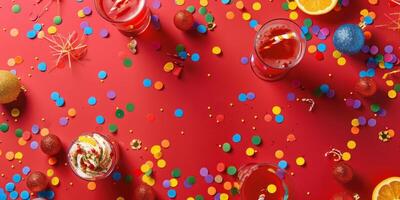 Festive Celebration Background with Colorful Confetti, Drinks photo