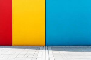 Vibrant Minimalist Wall with Red, Yellow, and Blue Panels in Urban Setting photo
