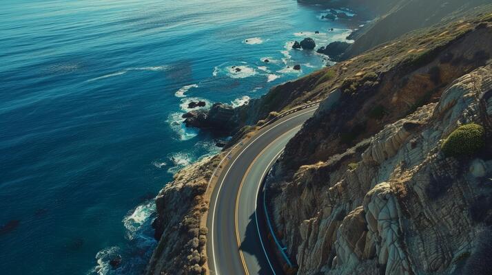 Aerial view of a road trip adventure through winding coastal cliffs