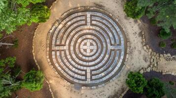 Aerial view of a cross-shaped labyrinth for meditative walking photo