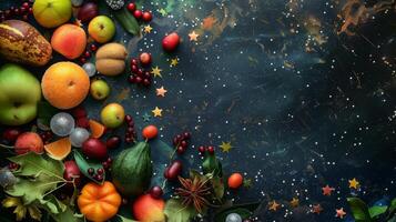 Assorted winter fruits with dreamy celestial motifs photo