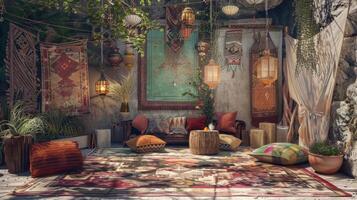 Cozy Bohemian Outdoor Lounge with Colorful Cushions photo