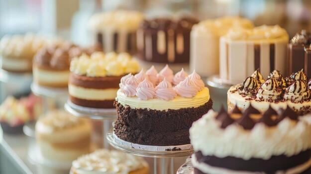 Delicious Assortment of Cakes Displayed in a Bakery with Various Flavors photo