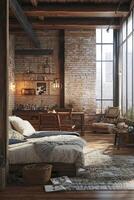 A cozy bedroom with a wooden floor and a brick wall photo