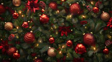 A Christmas tree with many red and gold ornaments photo