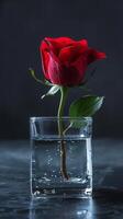 Clean and sleek composition of a single red rosebud in a glass vase photo