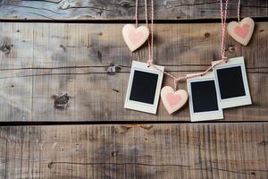 Love-themed photo frame and polaroid pictures on a string