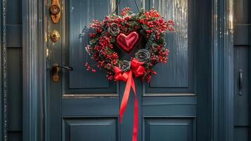 Heart-shaped wreath and red ribbon on a door for Valentine's Day welcome. photo