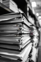 Large Stack of Documents and Folders in Office Storage Room with Shallow Depth of Field photo
