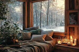 Cozy Winter Retreat with Warm Blankets and Candles Overlooking a Snowy Forest photo