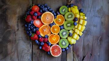 Directly above shot of sliced summer fruits arranged in a heart shape photo