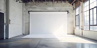 Spacious Industrial Loft Studio with Large Windows and White Backdrop photo