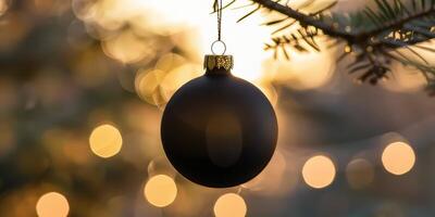 A black ornament hanging from a tree photo