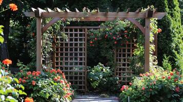 Beautiful Wooden Garden Arbor with Lush Greenery and Vibrant Red Flowers photo