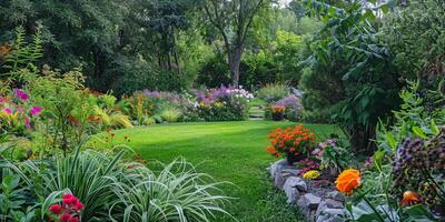 Lush Green Garden with Colorful Flowers and Pathway in a Serene Natural Setting photo