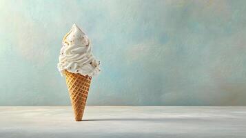 Delicious Vanilla Soft Serve Ice Cream Cone Against a Pastel Backgroun photo