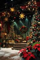 A beautifully decorated indoor Christmas scene featuring festive trees photo