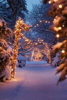 Enchanting Winter Wonderland Pathway Illuminated by Twinkling String Lights photo