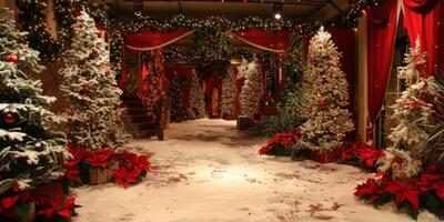 A large room with many trees and a red curtain photo