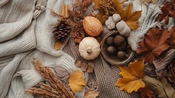 A basket of pumpkins and squash sits on a blanket of leaves photo