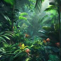 Lush rainforest with vibrant and dense vegetation. photo