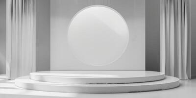 Minimalist White Stage with Circular Backdrop and Draped Curtains photo