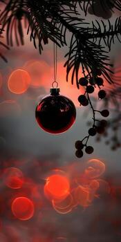A red christmas ornament hanging from a tree branch photo