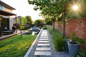 Modern Backyard with Pool and Sunlit Pathway in a Contemporary Home Garden photo