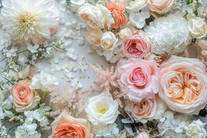 Elegant Arrangement of Soft Pastel Roses and Delicate White Flowers photo