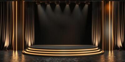 Elegant Modern Stage with Dramatic Lighting and Black Curtains photo