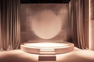 Minimalist Stage with Circular Backdrop and Curtains in Soft Lighting for Events photo