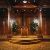 Elegant Wooden Podium in Classic Interior with Ornate Columns and Warm Lighting photo