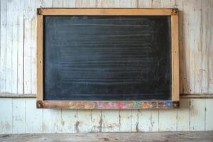 Vintage Chalkboard on Rustic Wooden Wall with Colorful Chalk Marks in a Classroom or Cafe Setting photo