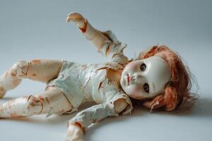 A doll with red hair and a white dress laying on a table photo