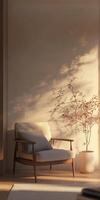 A chair is sitting in front of a wall with a plant in a vase photo