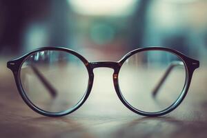 Stylish Round Glasses on Wooden Surface with Blurred Background photo
