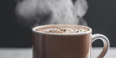 Steaming Hot Coffee in a White Mug Against a Dark Background Perfect for Cozy Mornings photo