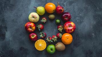Overhead view of winter fruits arranged in a circle photo