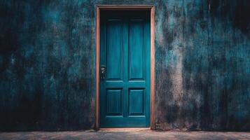 A blue door with a wooden frame photo