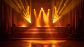 Dramatic Stage with Bright Spotlights and Smoky Atmosphere in a Theater Setting photo