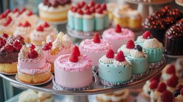 Assorted Gourmet Pastries with Raspberries and Cream on Display photo