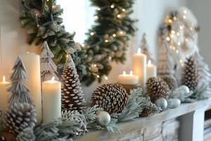Cozy Winter Holiday Mantel Decor with Candles, Pinecones photo