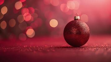 A red christmas ornament sits on a table photo