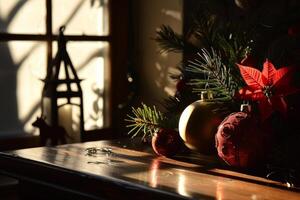 A table with a candle, a potted plant, and a Christmas tree photo