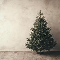 Minimalist Christmas Tree in Rustic Room with Wooden Floor photo