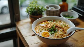 Contemporary minimalism with a bowl of curry noodles on a wooden table photo