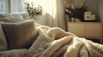 Cozy Sunlit Bedroom with Soft Knitted Blanket and Cushions in a Warm, Inviting Atmosphere photo