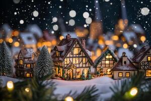 Charming Miniature Christmas Village with Snow-Covered Houses and Twinkling Lights photo