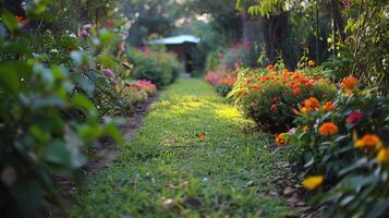 Beautiful Garden Pathway Surrounded by Vibrant Flowers photo