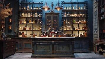 Vintage Apothecary Shop Interior with Wooden Shelves and Bottles photo